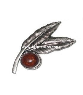 BROOCH 2 FEATHERS + STONE