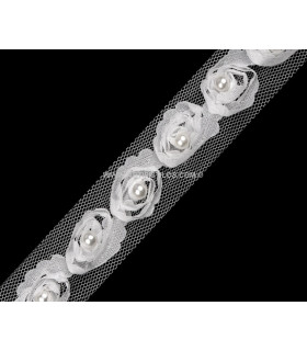 DECORATIVE RIBBON TULLE ROSES WITH BEADS