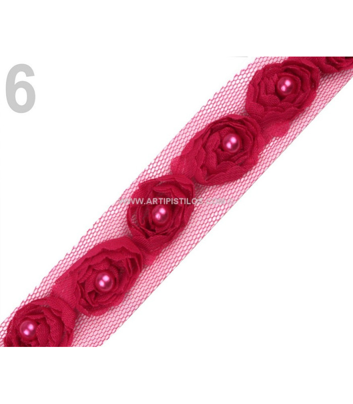 DECORATIVE RIBBON TULLE ROSES WITH BEADS