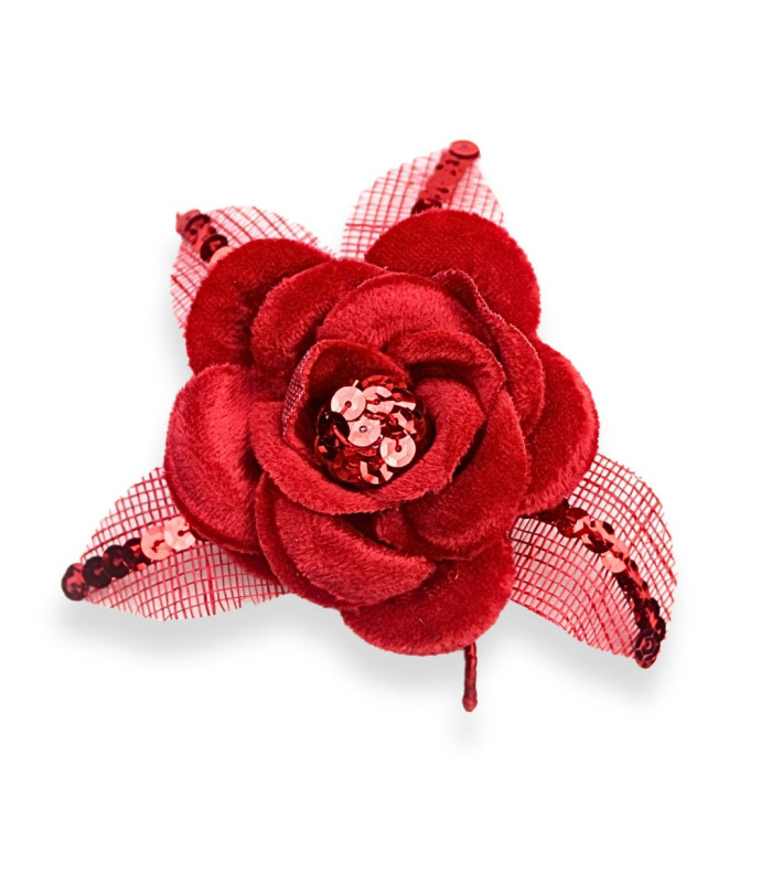 FLOR DE TERCIOPELO CON HOJAS SINAMAY Y LENTEJUELAS