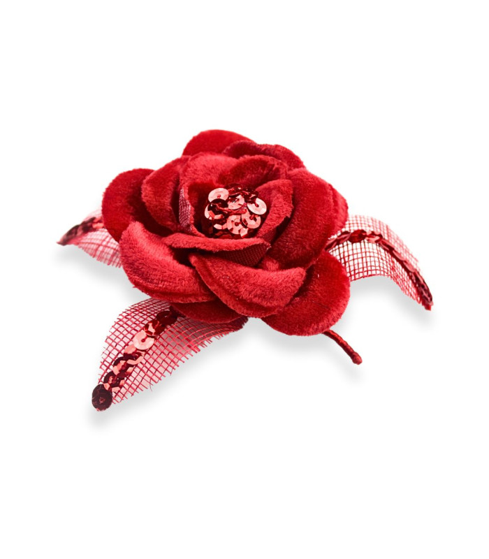 FLOR DE TERCIOPELO CON HOJAS SINAMAY Y LENTEJUELAS