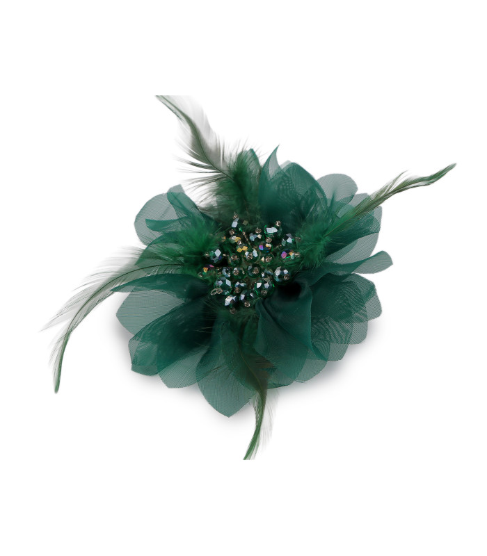 Brooch with Faceted Crystal Beads and Feathers