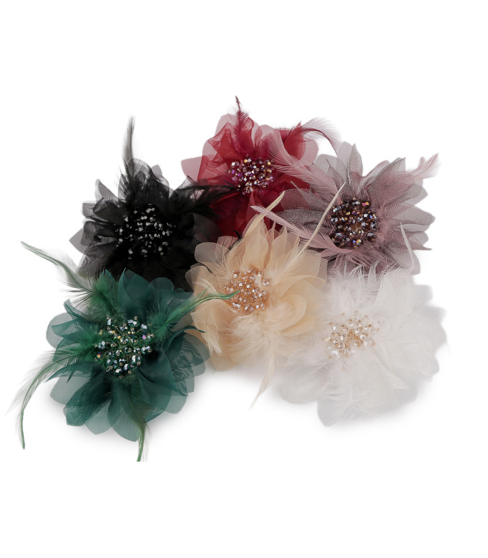 Brooch with Faceted Crystal Beads and Feathers