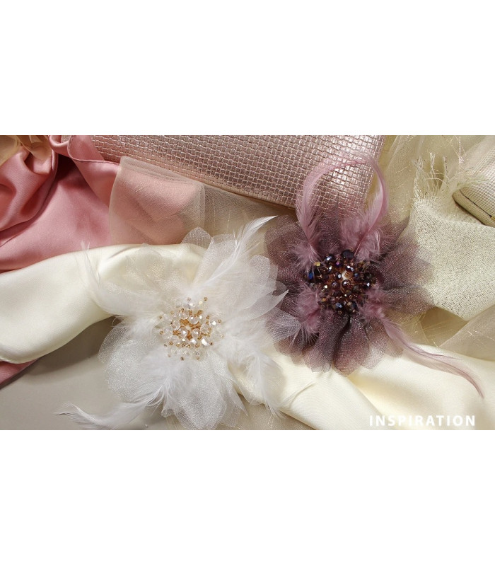 Brooch with Faceted Crystal Beads and Feathers