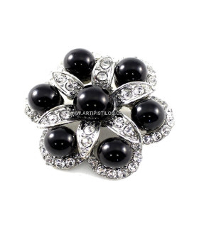 BROOCH FLOWER BLACK PEARLS AND STRASS