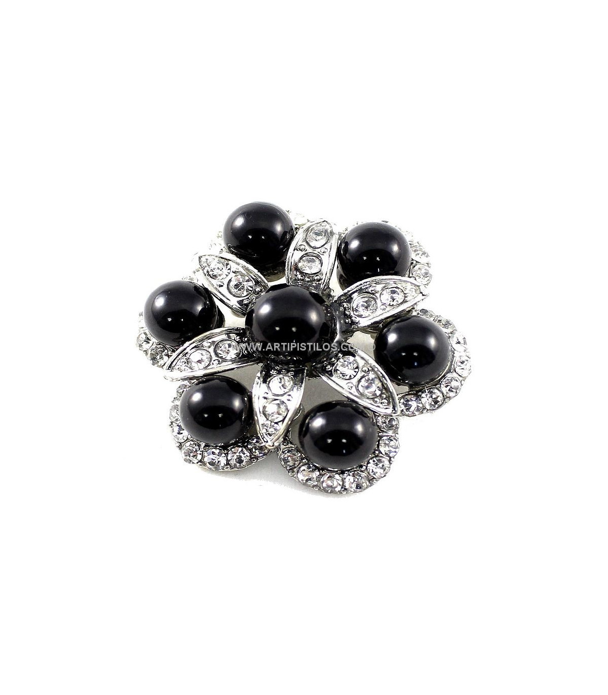 BROCHE FLOR PERLAS NEGRAS Y STRASS - Broches Decorativos